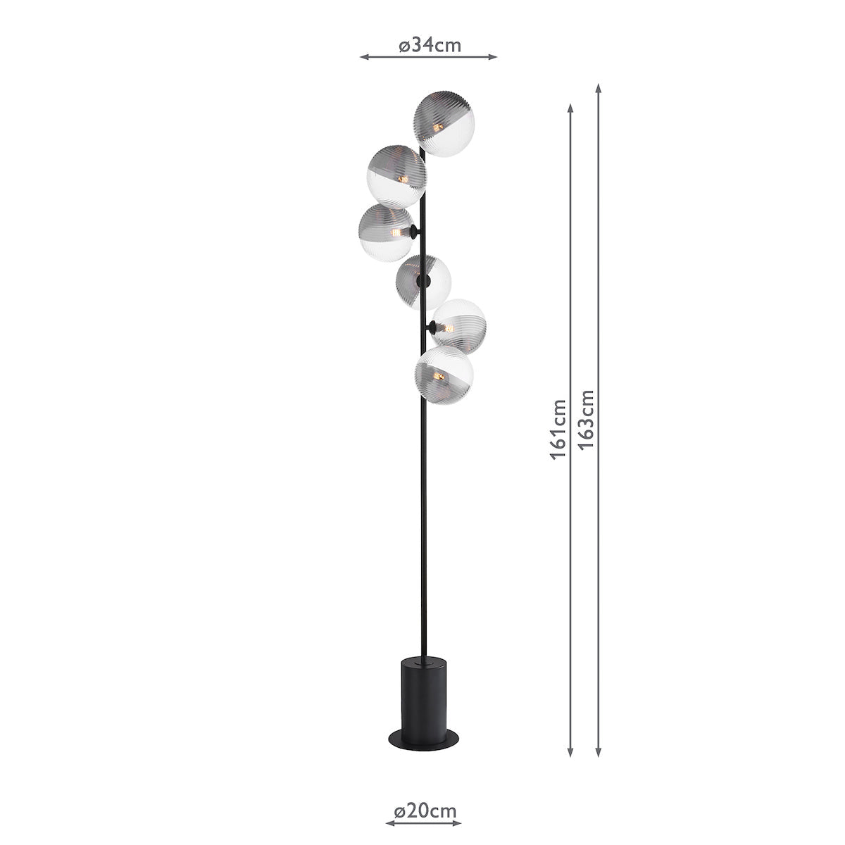 Dar Spiral 6 Light Floor Lamp Matt Black & Smoked/Clear Ribbed Glass – from Amos Lighting + Home