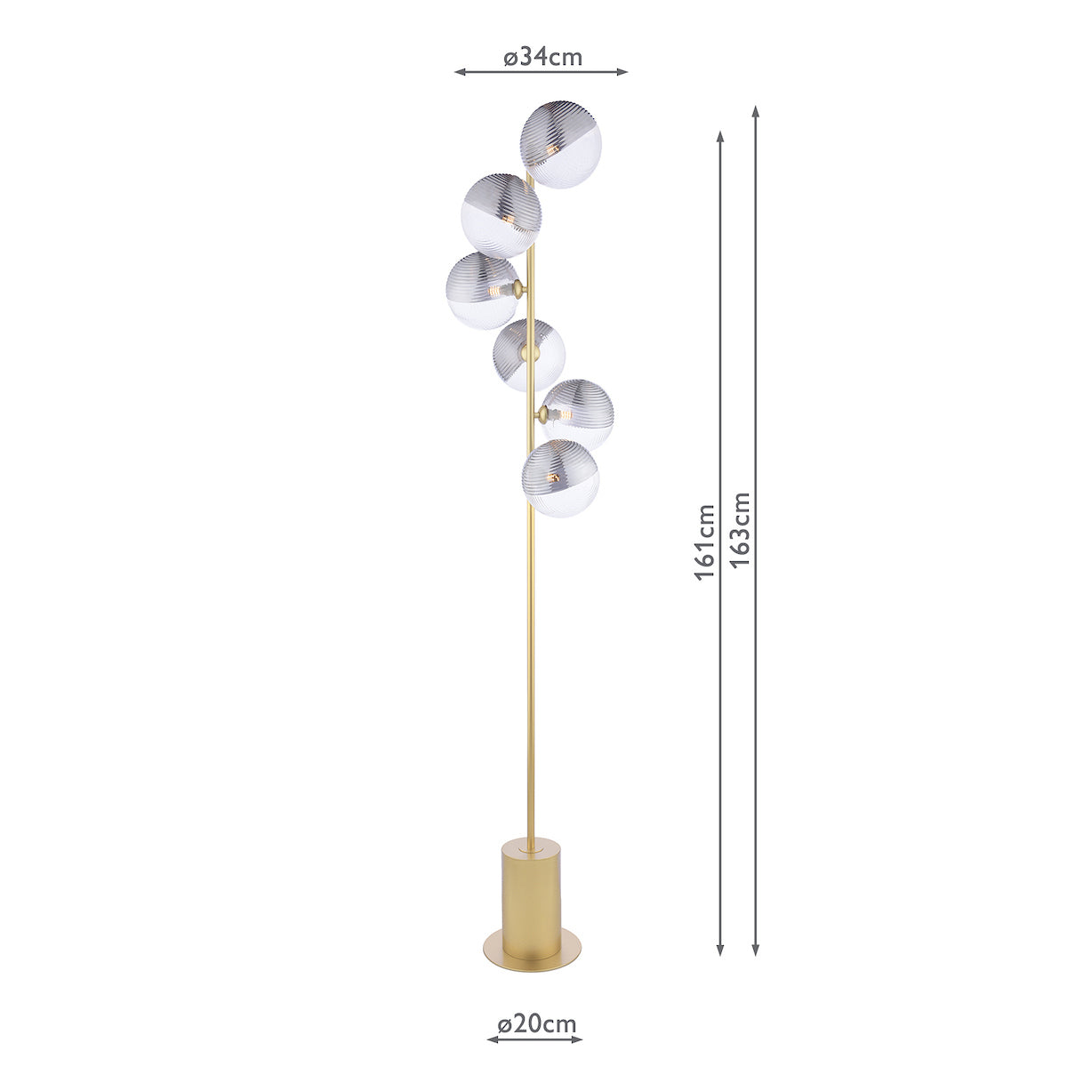 Dar Spiral 6 Light Floor Lamp Matt Gold & Smoked/Clear Ribbed Glass – from Amos Lighting + Home