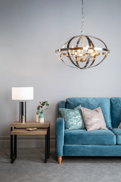 Dar Symbol 6 Light Pendant Satin Chrome – from Amos Lighting + Home