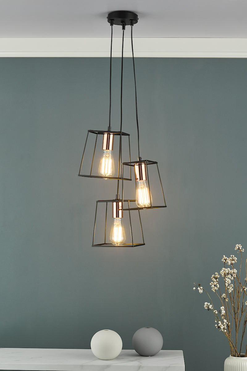 Dar Tower 3 Light Cluster Pendant Black and Copper – from Amos Lighting + Home