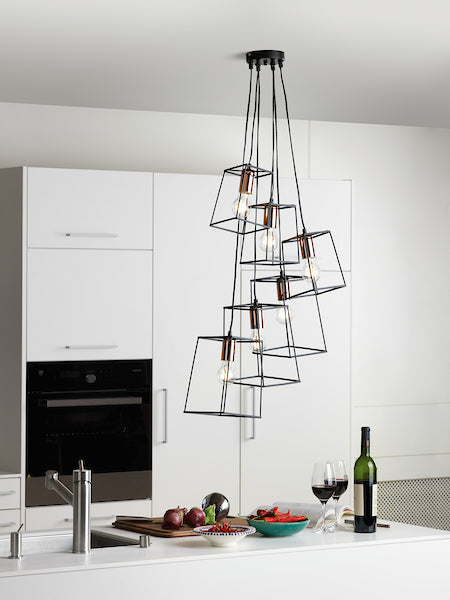 Dar Tower 6 Light Cluster Pendant Black and Copper – from Amos Lighting + Home