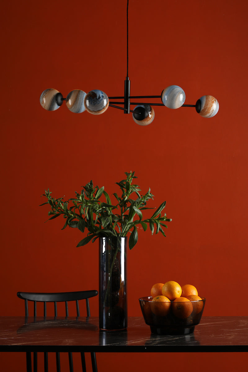 Dar Vignette 6 Light Pendant Matt Black & Planet Style Glass – from Amos Lighting + Home