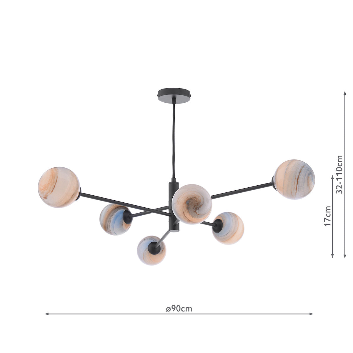 Dar Vignette 6 Light Pendant Matt Black & Planet Style Glass – from Amos Lighting + Home