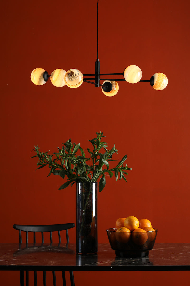 Dar Vignette 6 Light Pendant Matt Black & Planet Style Glass – from Amos Lighting + Home