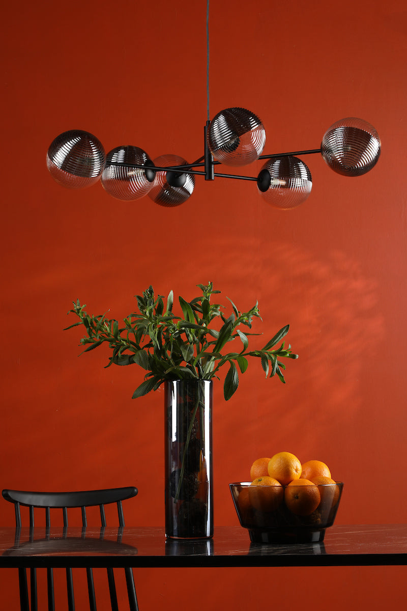 Dar Vignette 6 Light Pendant Matt Black & Smoked/Clear Ribbed Glass – from Amos Lighting + Home