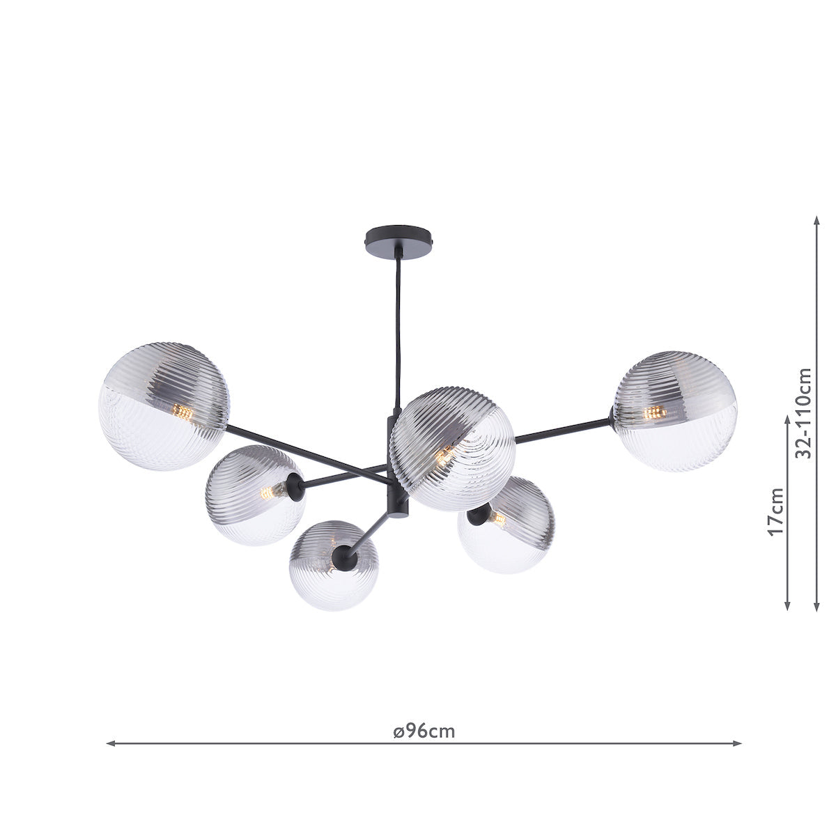 Dar Vignette 6 Light Pendant Matt Black & Smoked/Clear Ribbed Glass – from Amos Lighting + Home