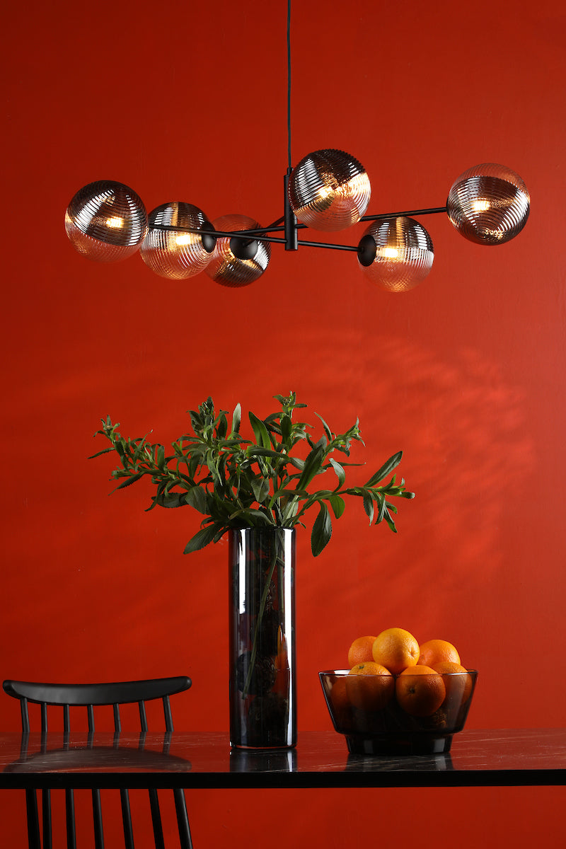 Dar Vignette 6 Light Pendant Matt Black & Smoked/Clear Ribbed Glass – from Amos Lighting + Home