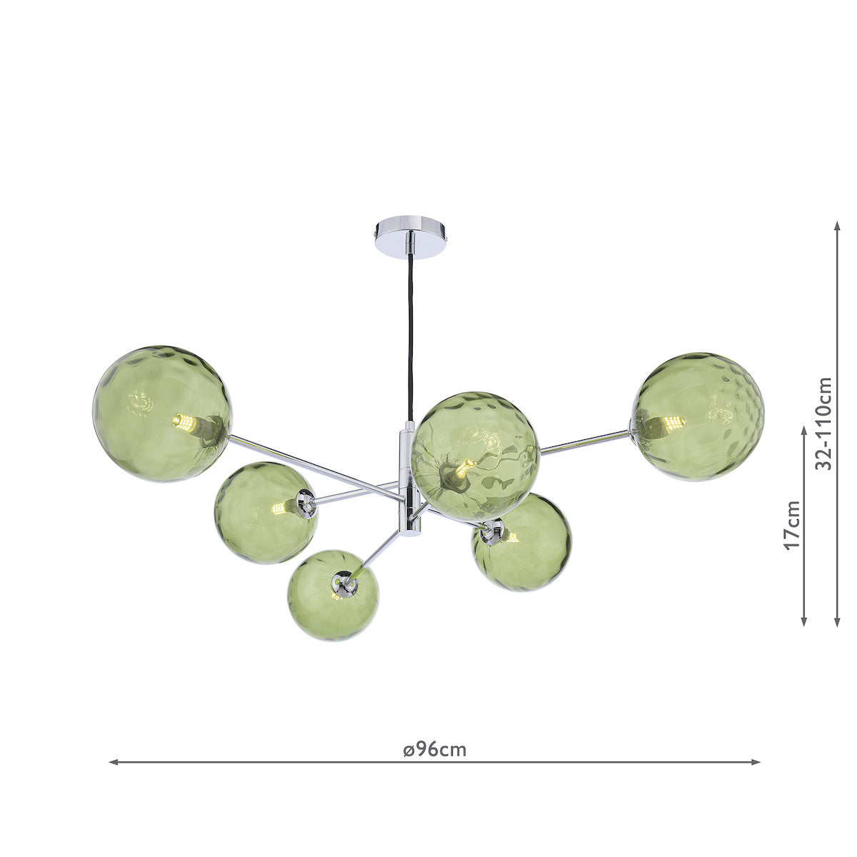 Dar Vignette 6 Light Pendant Polished Chrome & Green Dimpled Glass – from Amos Lighting + Home