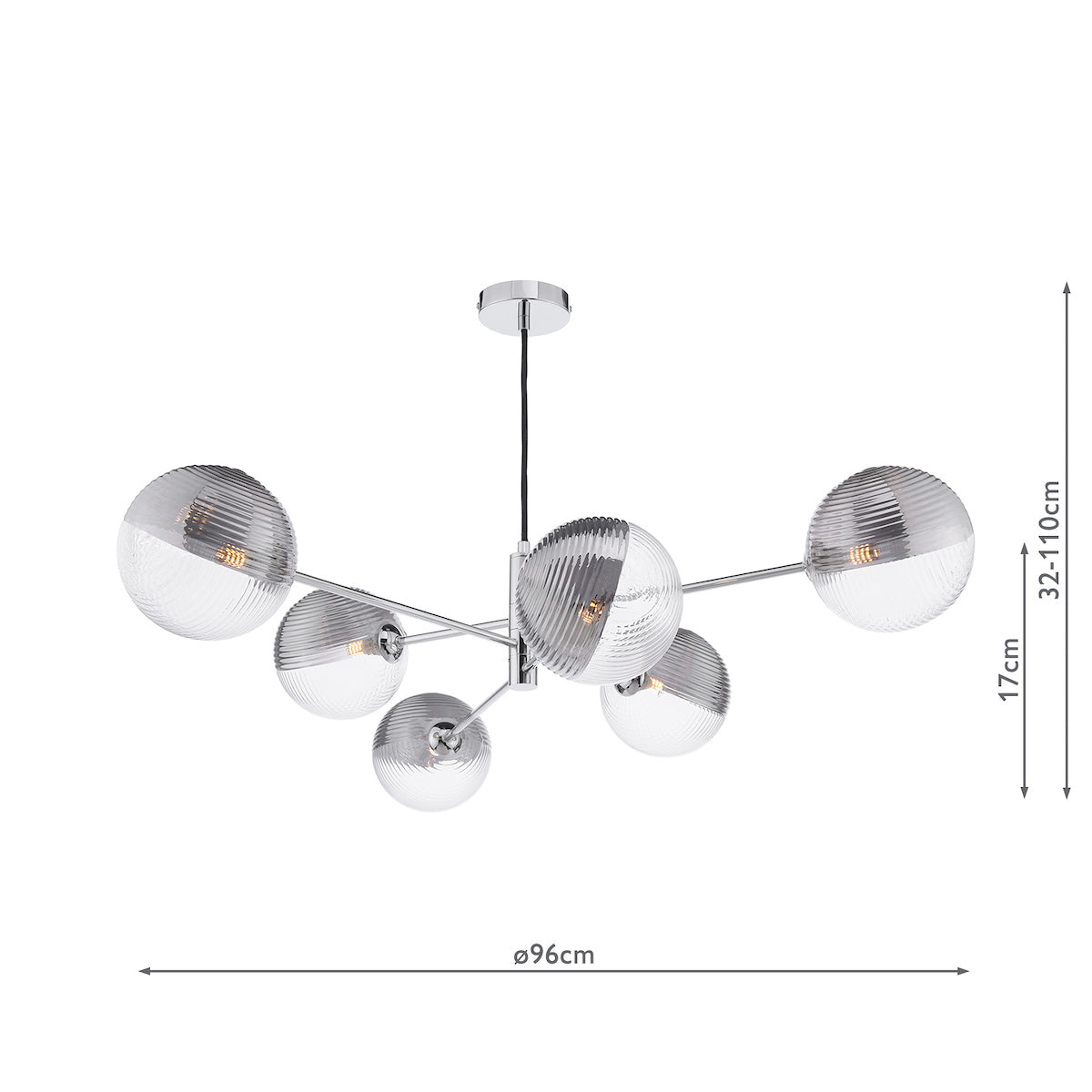 Dar Vignette 6 Light Pendant Polished Chrome & Smoked/Clear Ribbed Glass – from Amos Lighting + Home