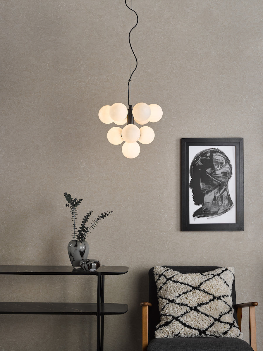 Dar Vine 10 Light Pendant Satin Black & Opal Glass – from Amos Lighting + Home