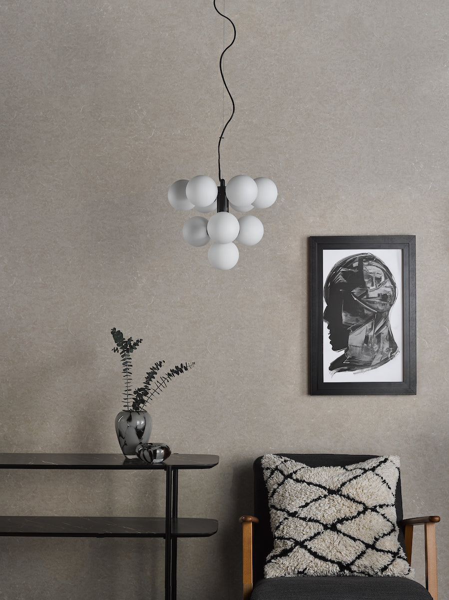 Dar Vine 10 Light Pendant Satin Black & Opal Glass – from Amos Lighting + Home