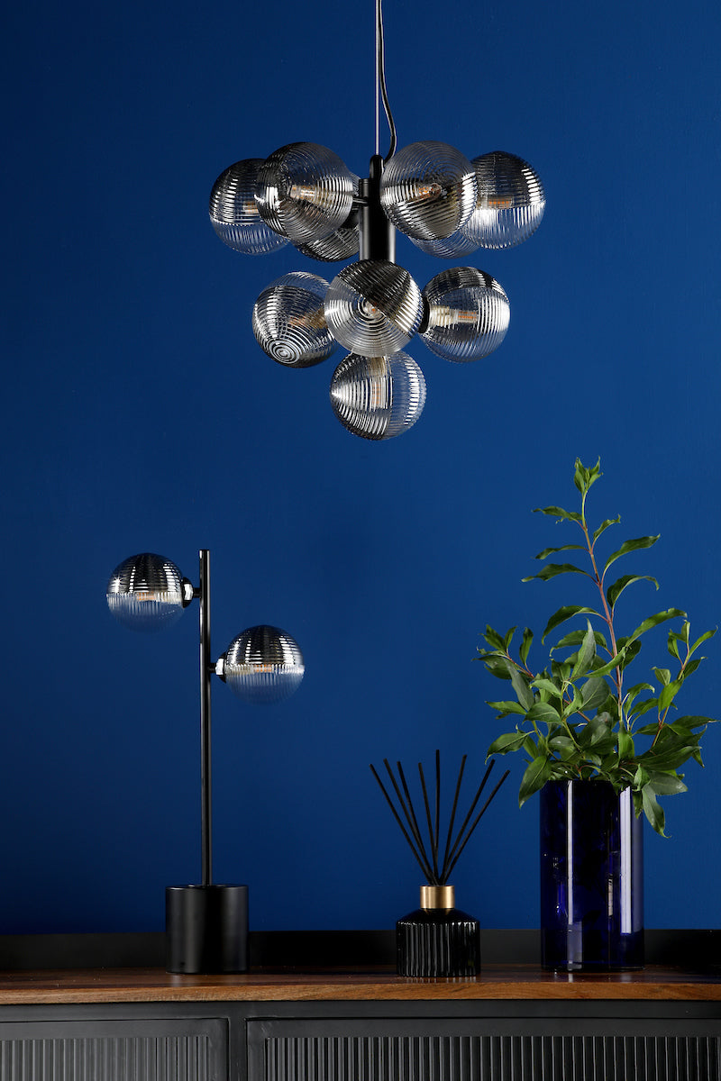 Dar Vine 10 Light Pendant Satin Black & Smoked/Clear Ribbed Glass – from Amos Lighting + Home