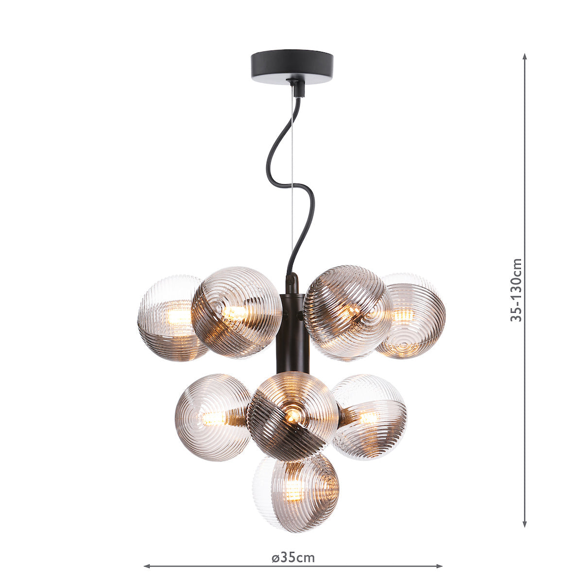 Dar Vine 10 Light Pendant Satin Black & Smoked/Clear Ribbed Glass – from Amos Lighting + Home