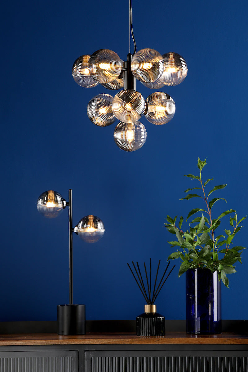 Dar Vine 10 Light Pendant Satin Black & Smoked/Clear Ribbed Glass – from Amos Lighting + Home
