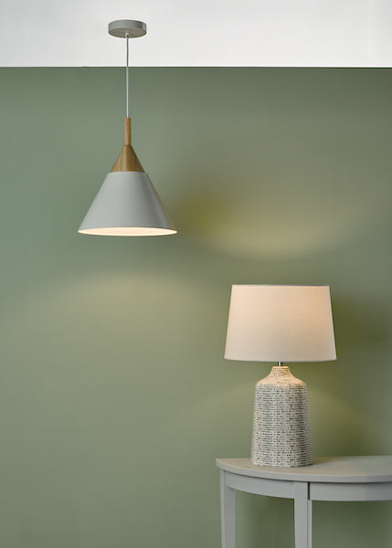 Dar Vondra Table Lamp White and Grey with Linen Shade – from Amos Lighting + Home