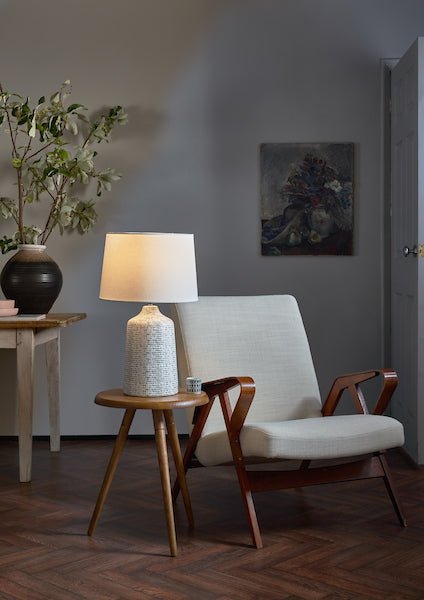 Dar Vondra Table Lamp White and Grey with Linen Shade – from Amos Lighting + Home