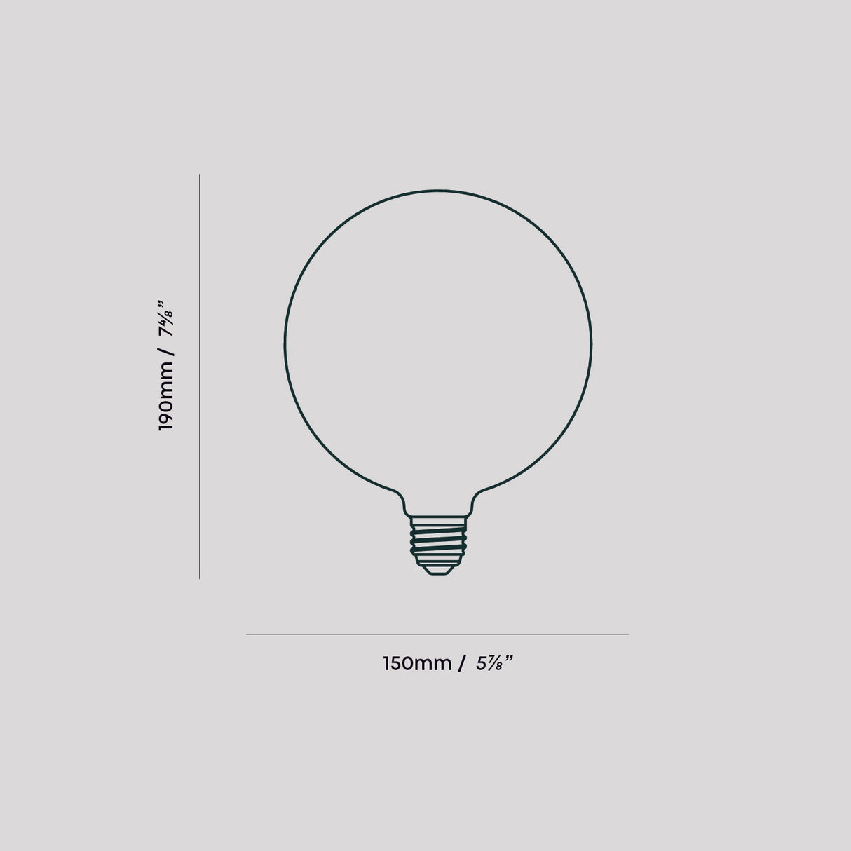 Dimension drawing of Sphere IV light bulb showing 190mm height and 150mm diameter