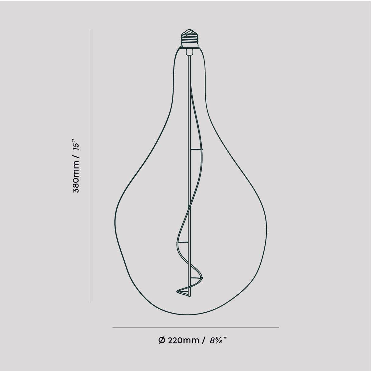 Dimension drawing of Voronoi III teardrop light bulb, 380mm height, 220mm diameter