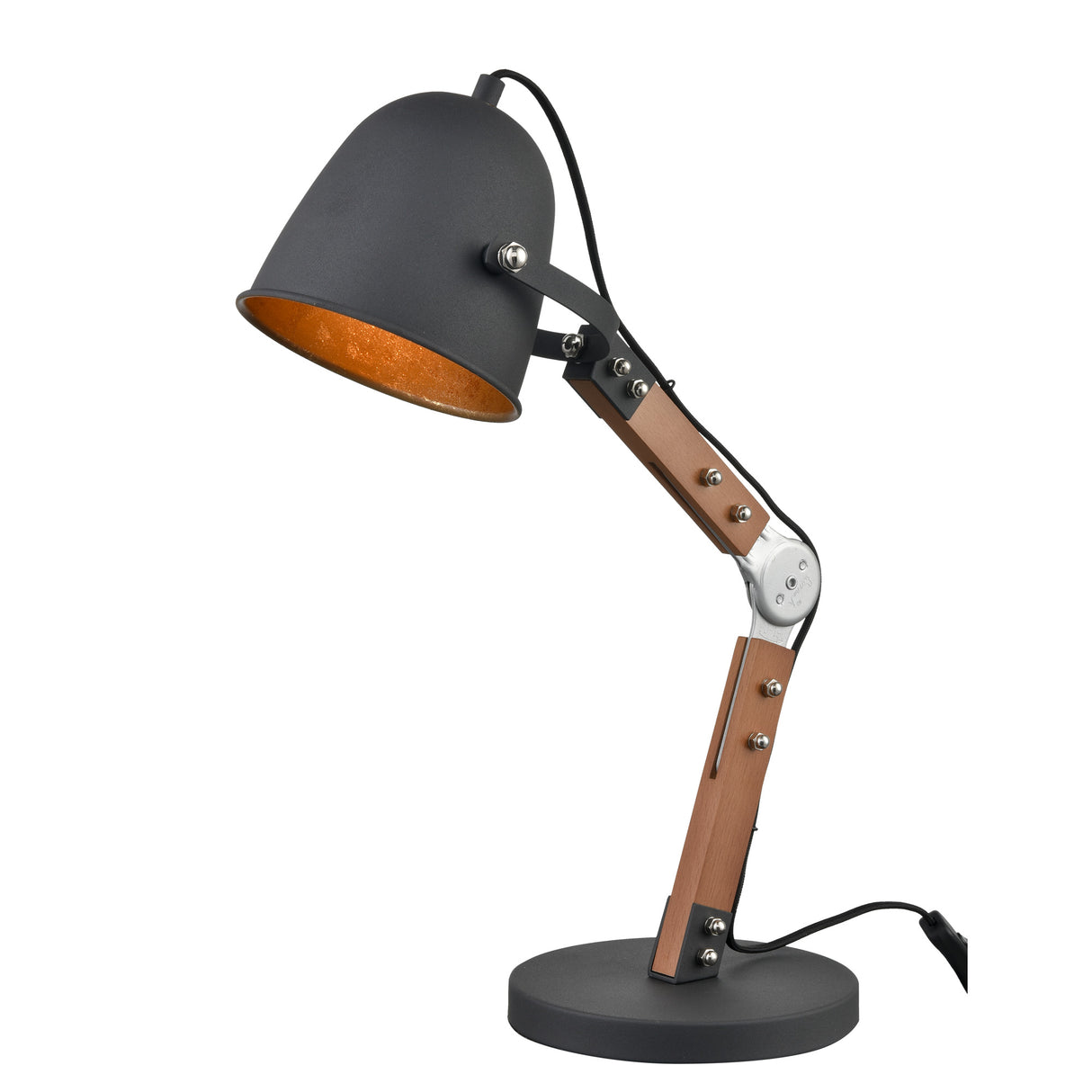 Adjustable black metal and wood desk lamp with a round base and exposed bolts