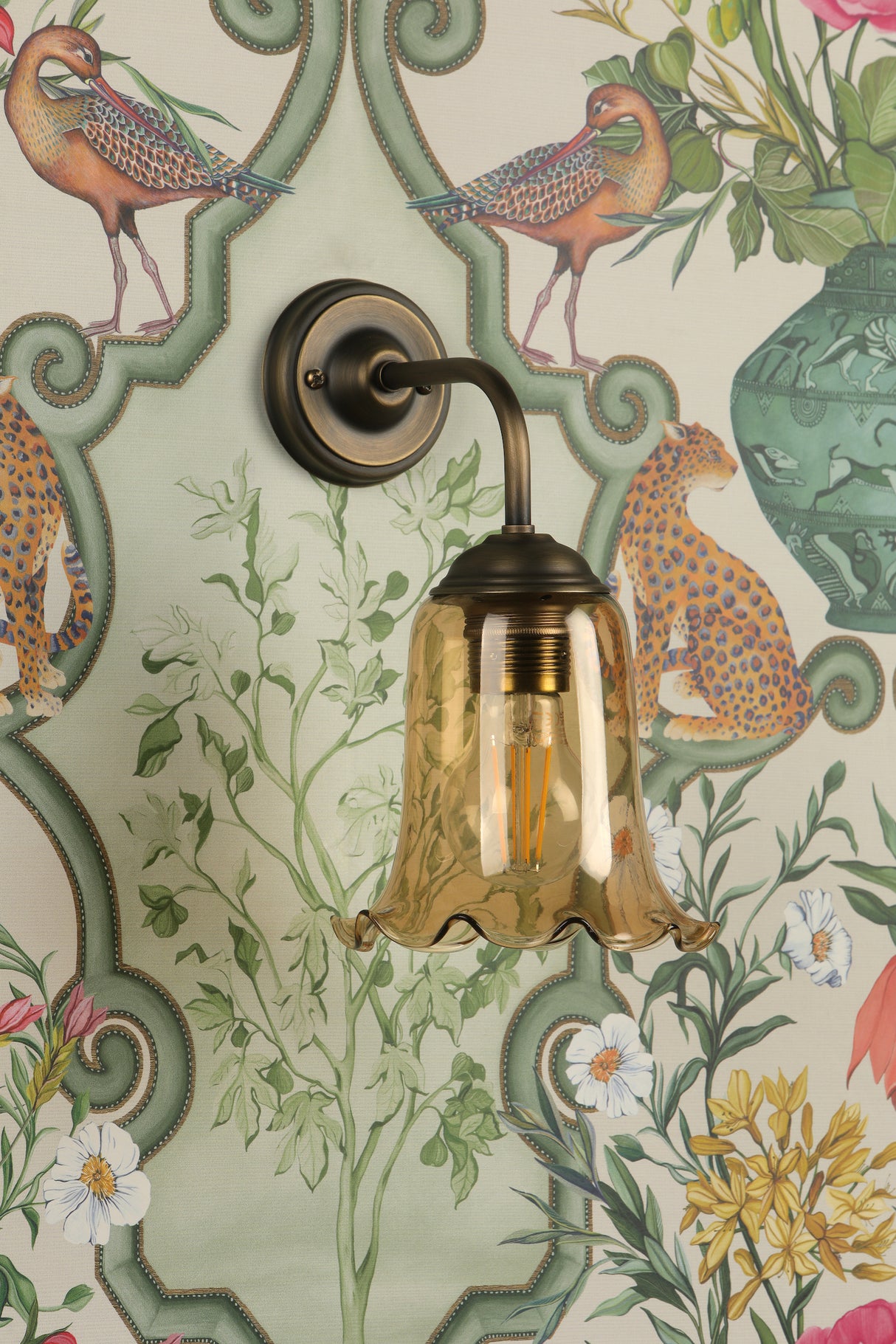 David Hunt Ebba Wall Light Tobacco Glass and Antique Brass