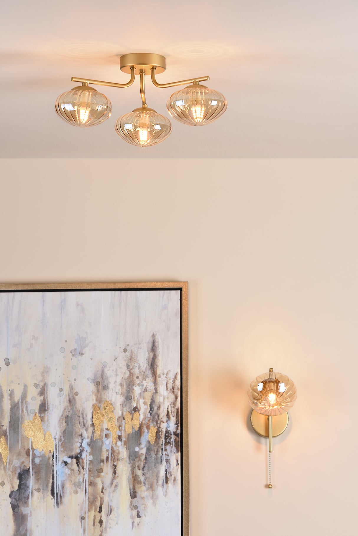 Dar Ede Wall Light Satin Gold and Amber Glass