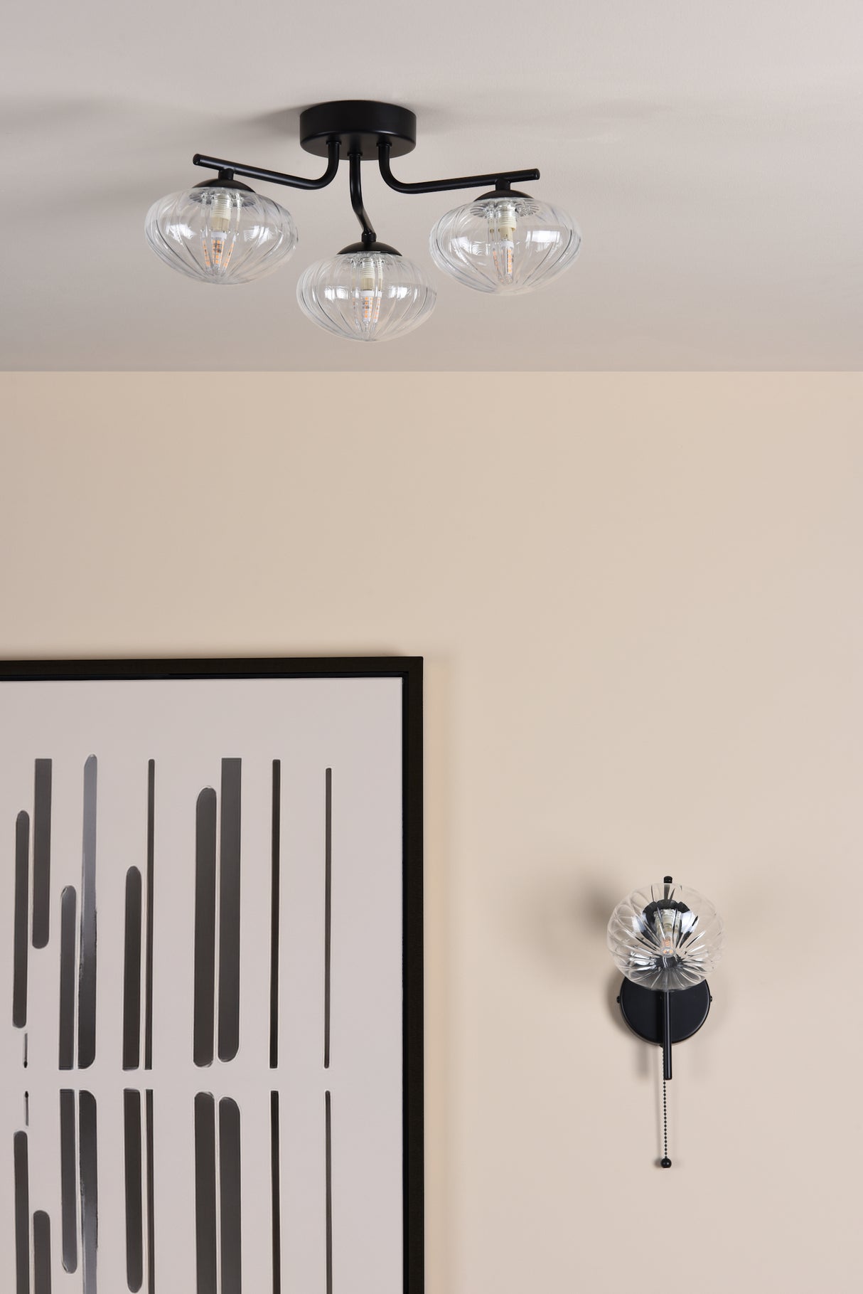 Dar Ede 3 Light Semi-Flush Matt Black and Glass