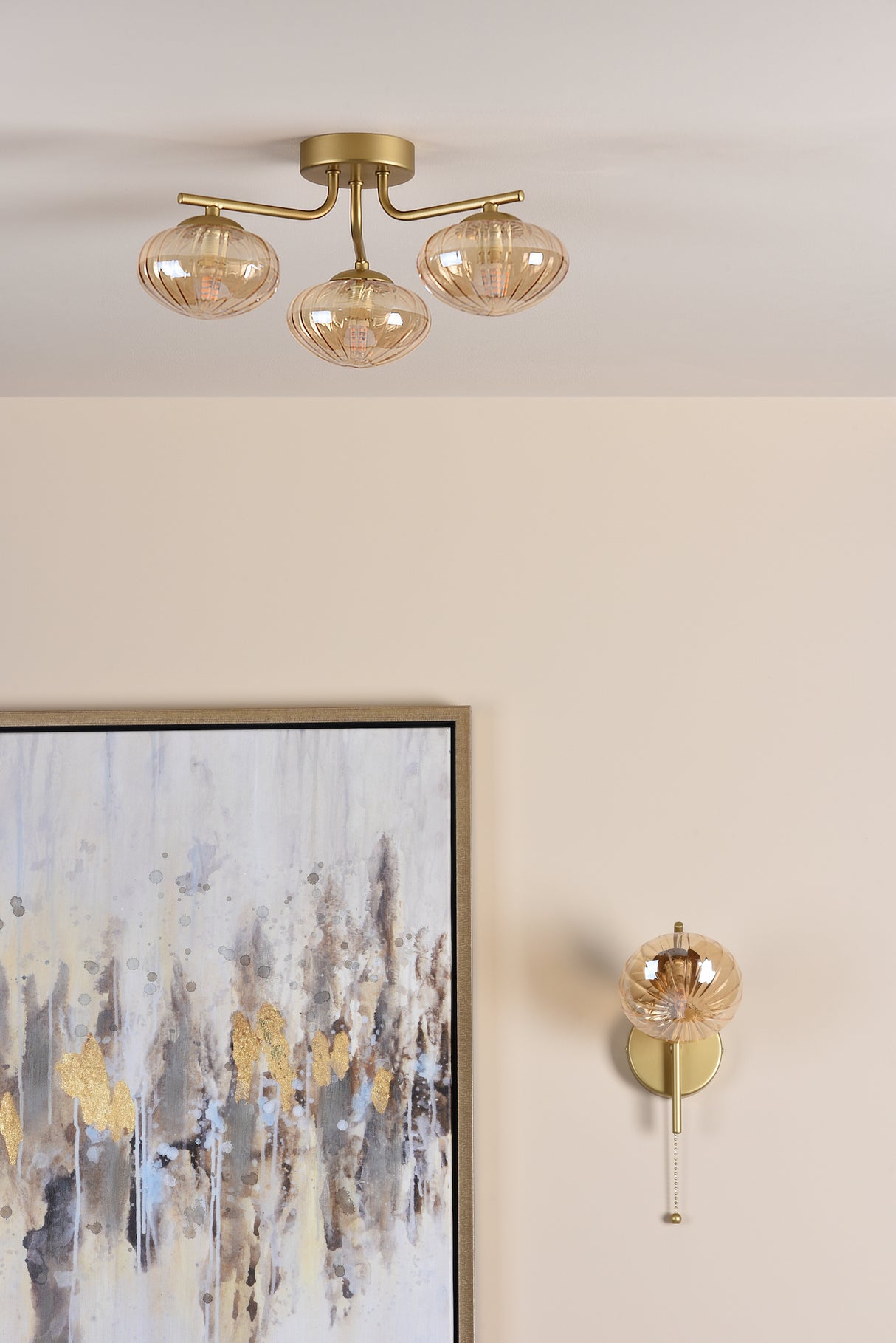 Dar Ede 3 Light Semi-Flush Satin Gold and Amber Glass