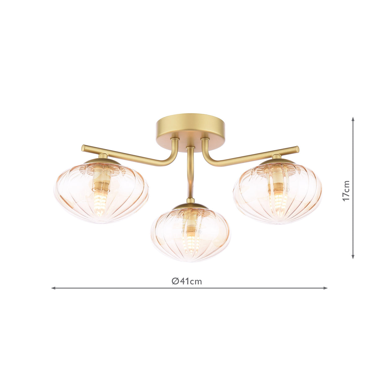 Dar Ede 3 Light Semi-Flush Satin Gold and Amber Glass