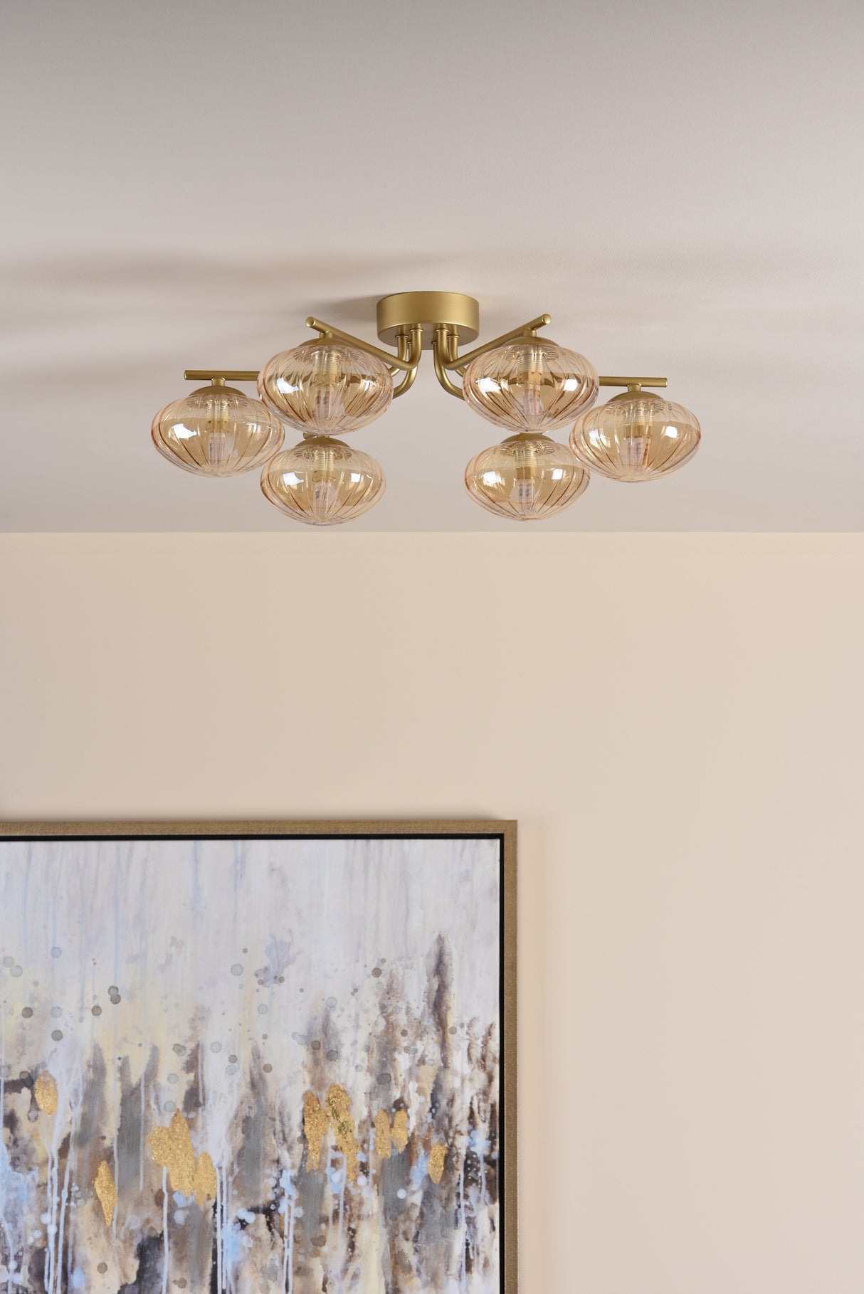 Dar Ede 6 Light Semi-Flush Satin Gold and Amber Glass