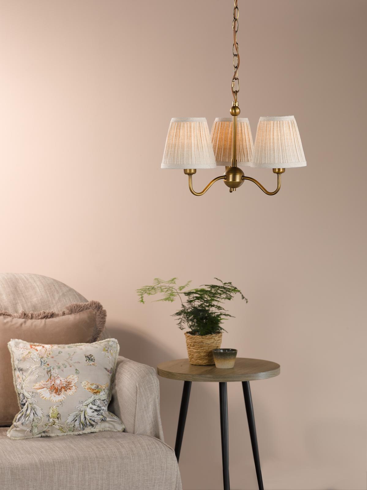 Dar Elara 3 Light Pendant Antique Bronze With Natural Linen Pleated Shades