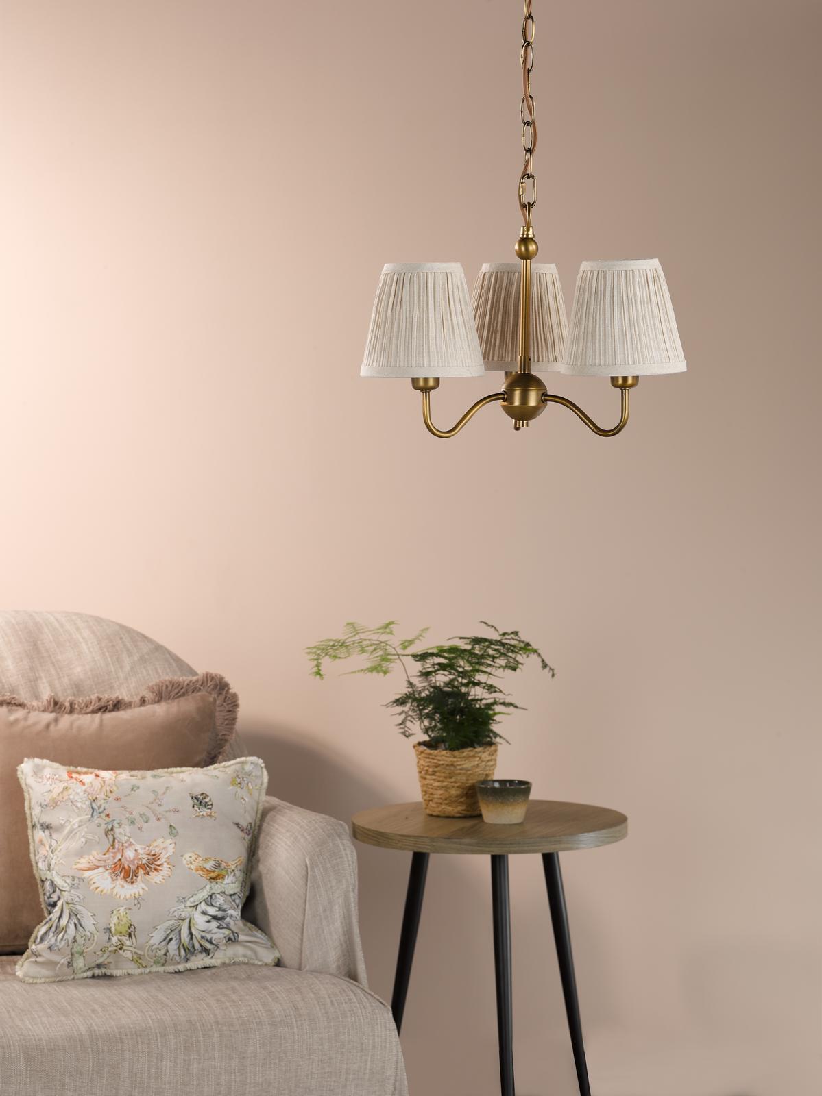 Dar Elara 3 Light Pendant Antique Bronze With Natural Linen Pleated Shades