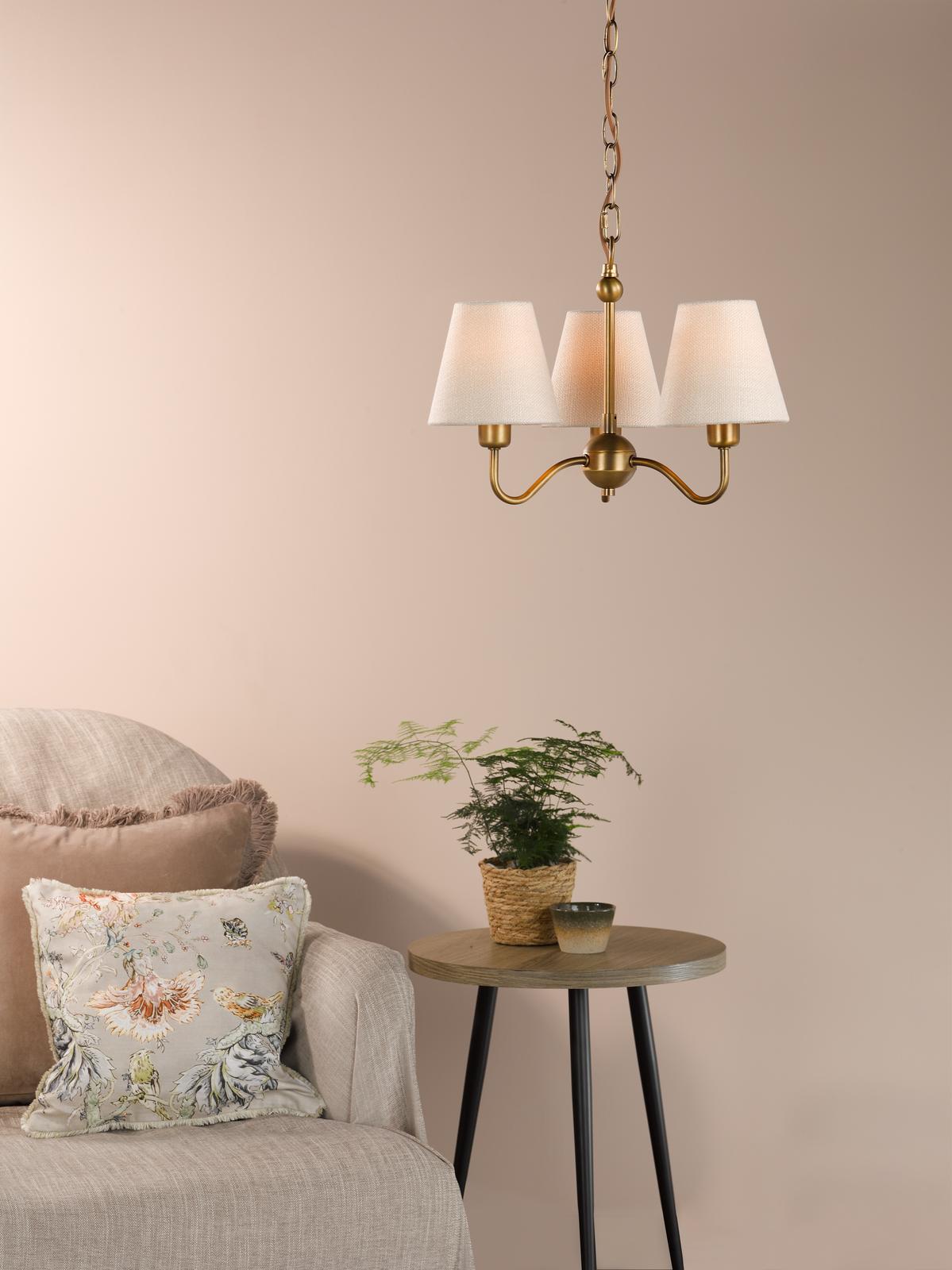 Dar Elara 3 Light Pendant Antique Bronze With Linen Hardback Shades