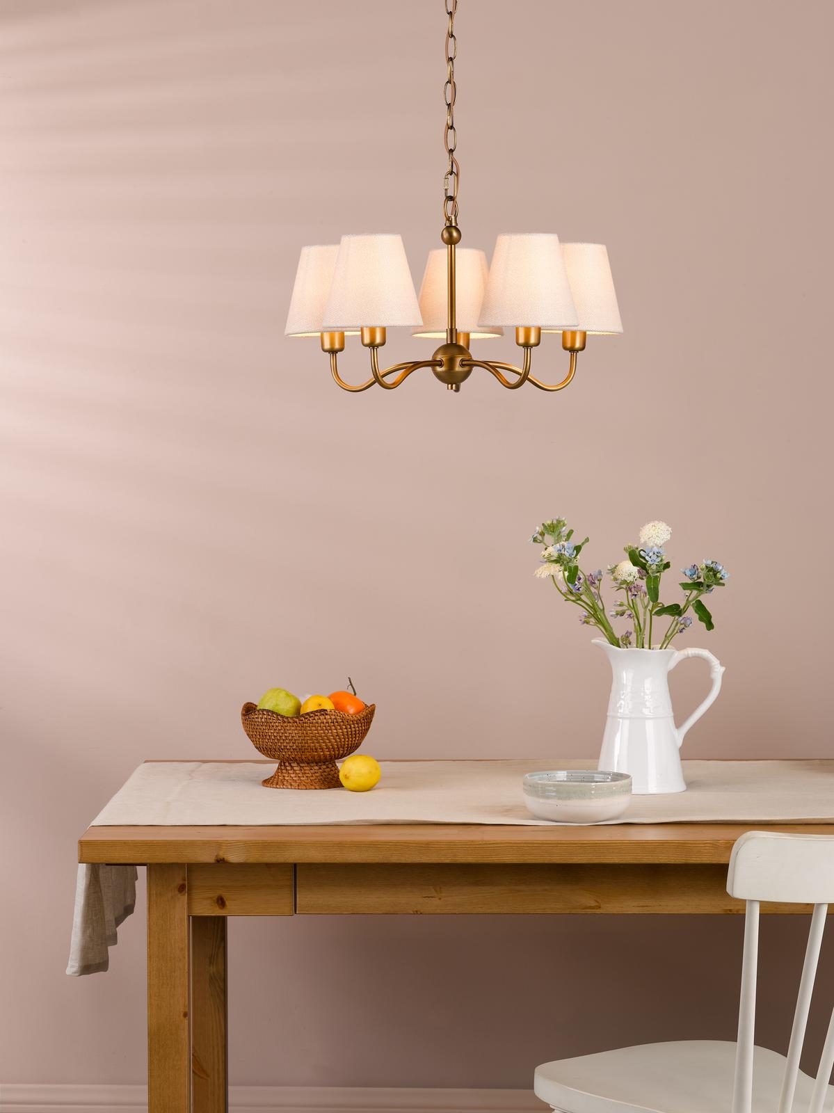 Dar Elara 5 Light Pendant Antique Bronze With Linen Hardback Shades