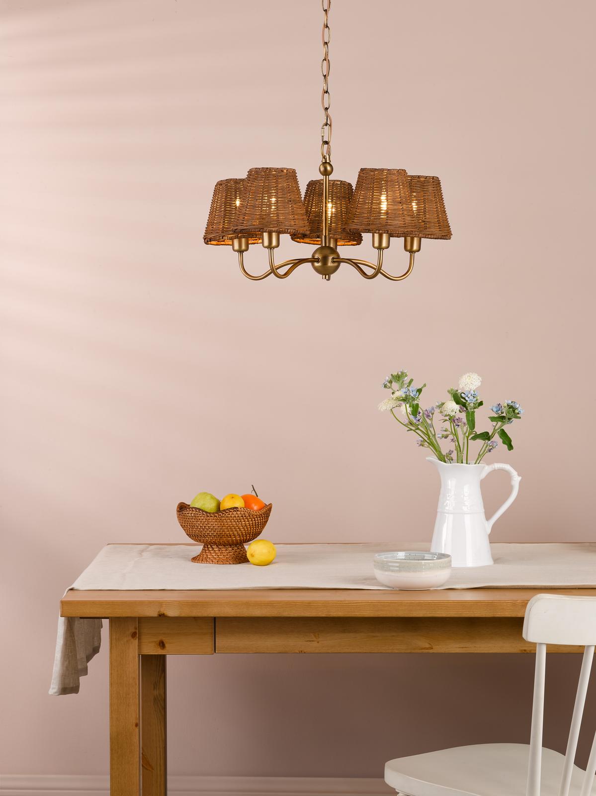 Dar Elara 5 Light Pendant Antique Bronze With Hand-Woven Rattan Shades