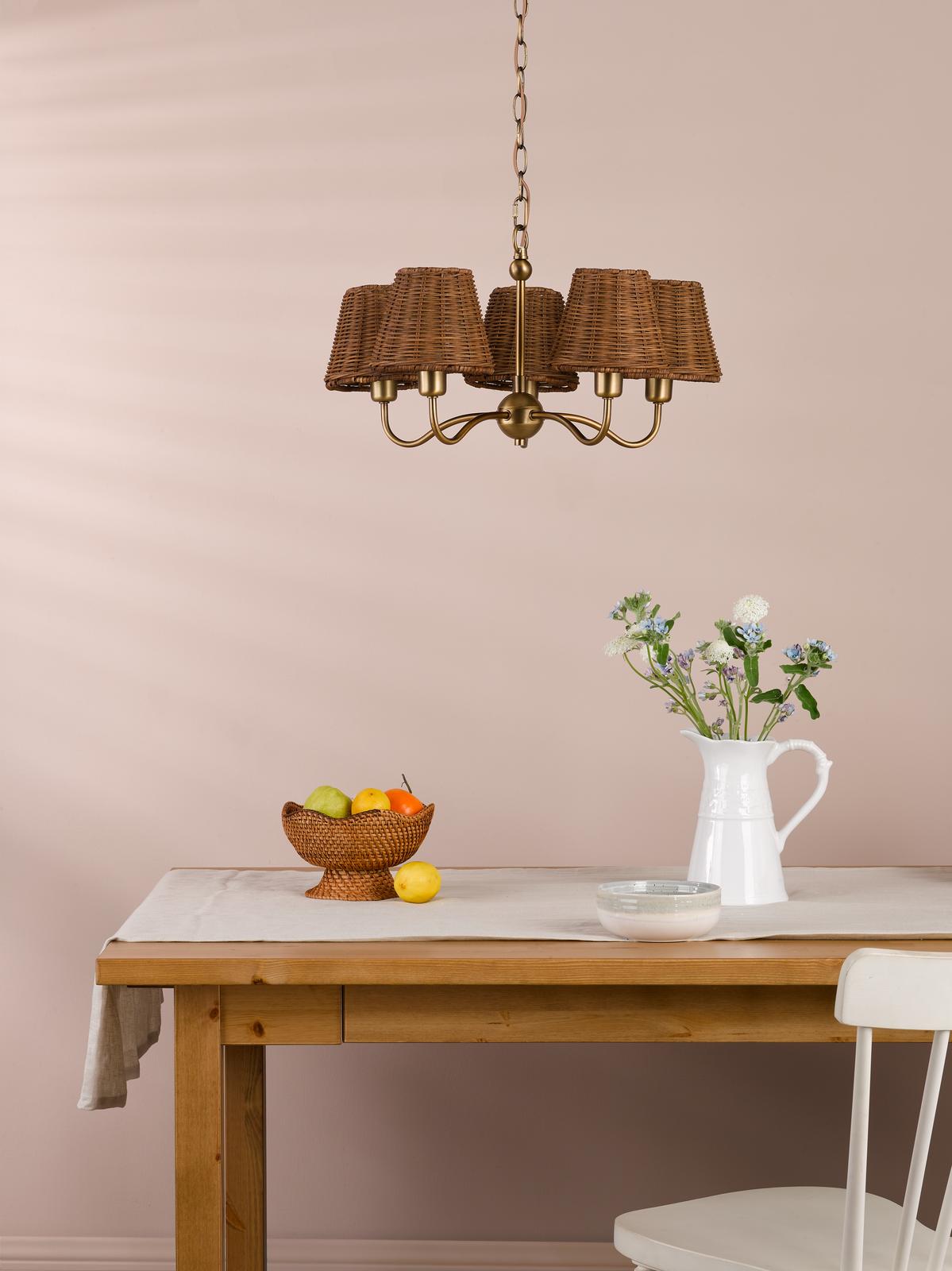 Dar Elara 5 Light Pendant Antique Bronze With Hand-Woven Rattan Shades