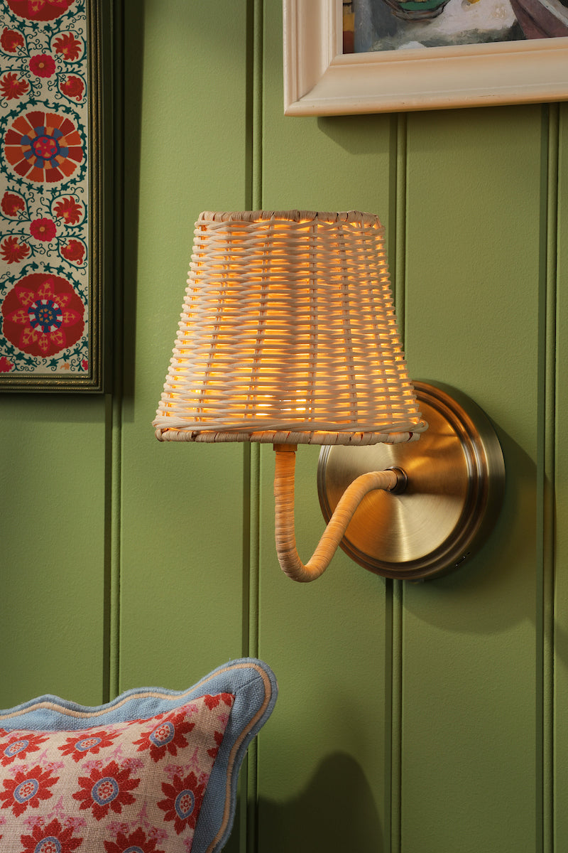 Joules Elcot Rechargeable LED Wall Light Antique Brass With Rattan Shade