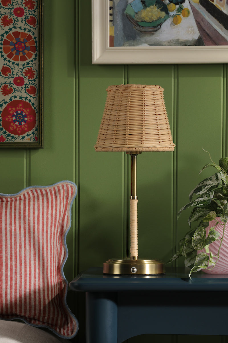 Joules Elcot Rechargeable LED Table Lamp Antique Brass With Rattan Shade