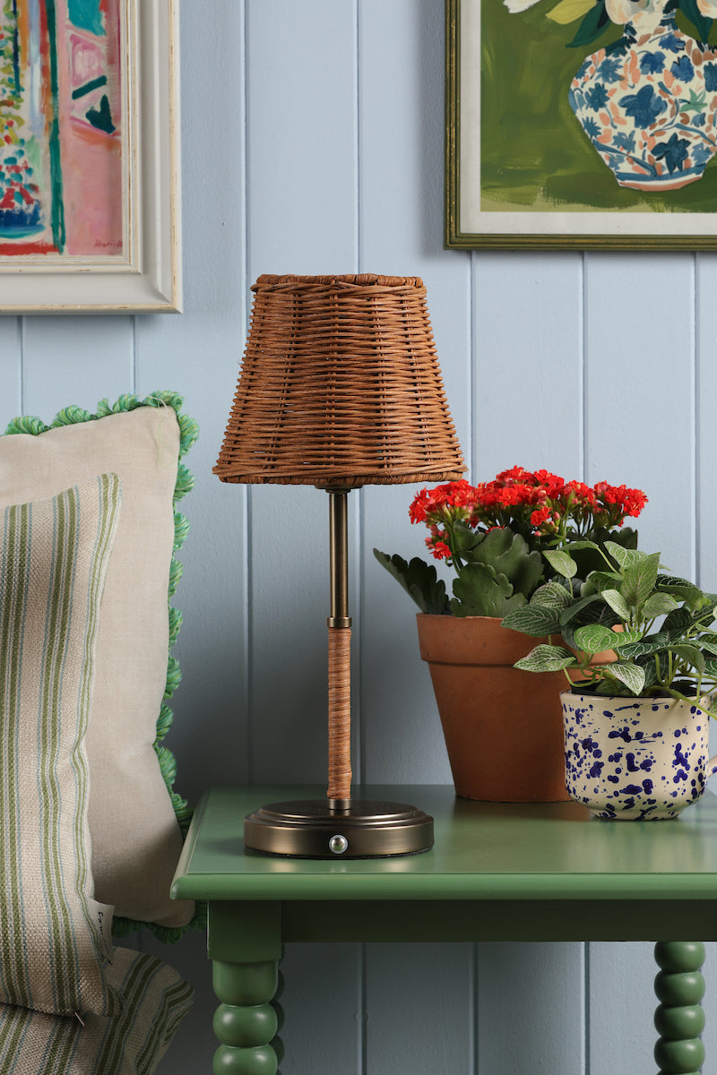 Joules Elcot Rechargeable LED Table Lamp Satin Bronze With Rattan Shade