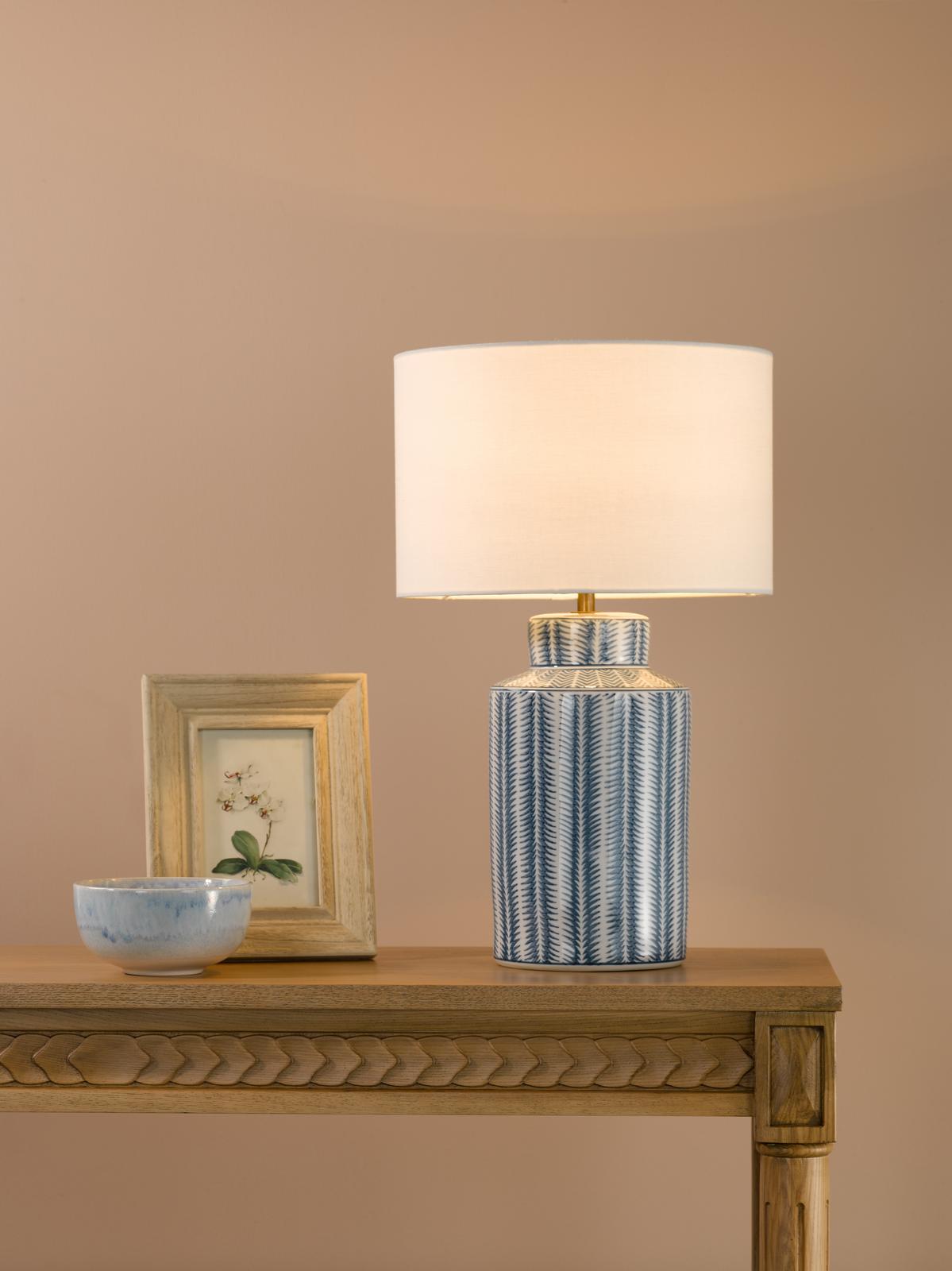 Dar Ennio Table Lamp Blue Ceramic and Antique Brass With Linen Shade