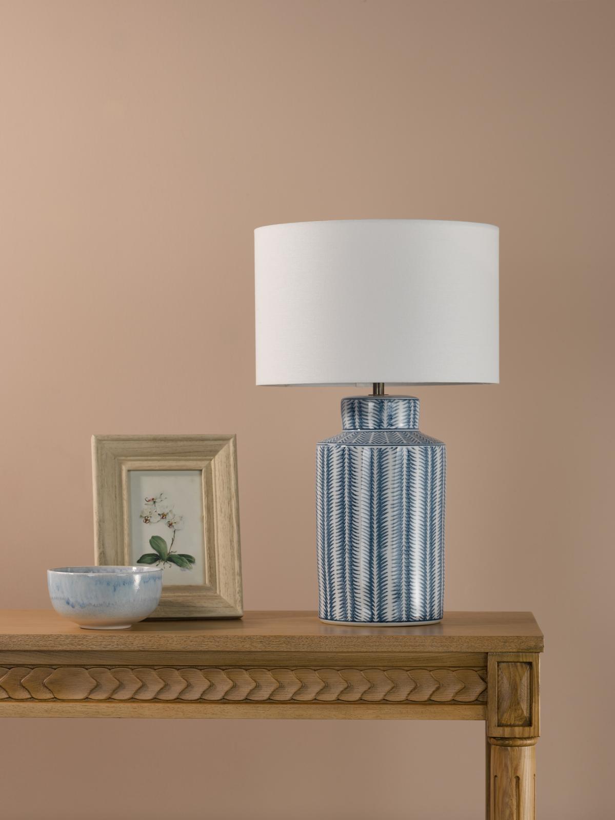 Dar Ennio Table Lamp Blue Ceramic and Antique Brass With Linen Shade