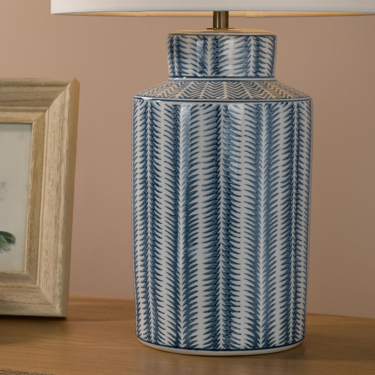 Dar Ennio Table Lamp Blue Ceramic and Antique Brass With Linen Shade