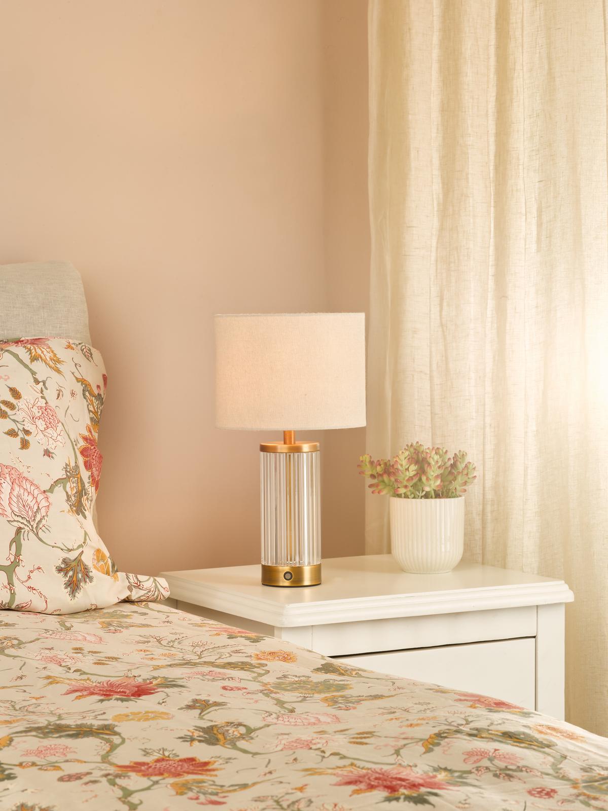 Dar Enrico Rechargeable Table Lamp Antique Bronze and Ribbed Glass With Linen Shade LED