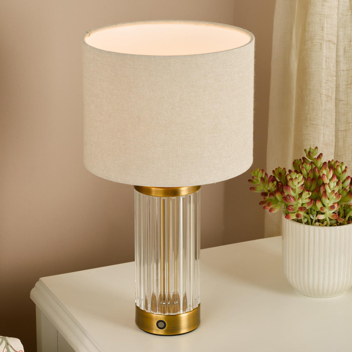 Dar Enrico Rechargeable Table Lamp Antique Bronze and Ribbed Glass With Linen Shade LED
