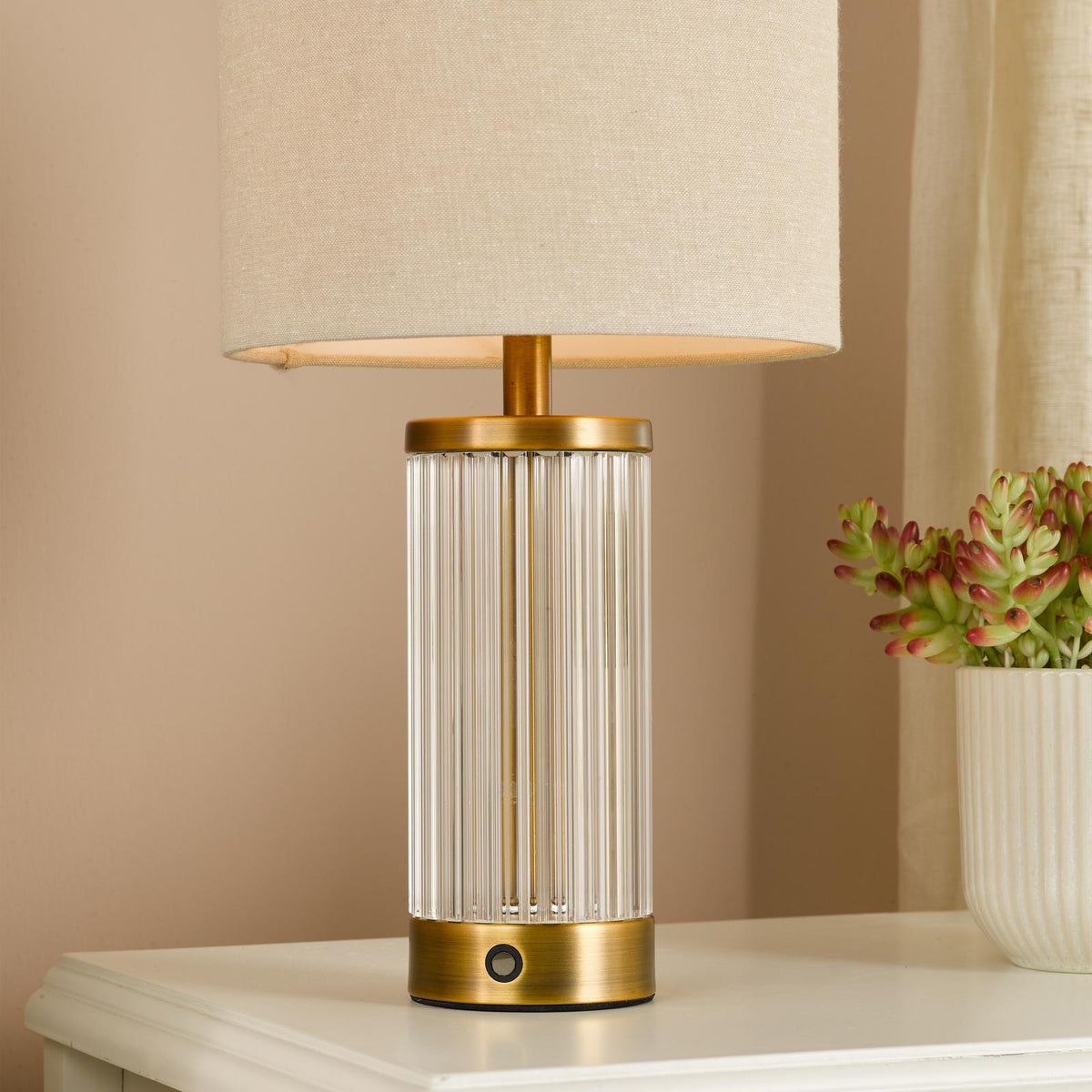Dar Enrico Rechargeable Table Lamp Antique Bronze and Ribbed Glass With Linen Shade LED
