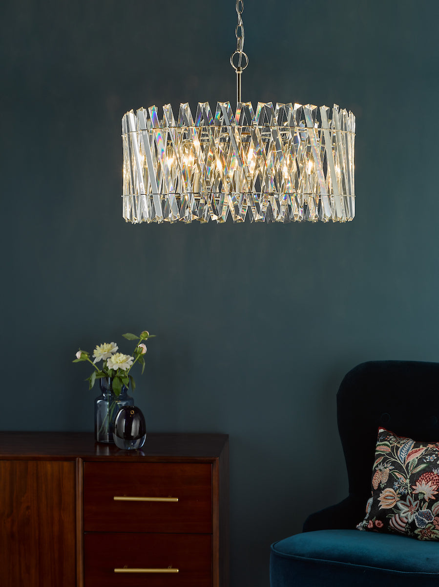 Dar Entwine 8 Light Pendant Polished Nickel and Crystal