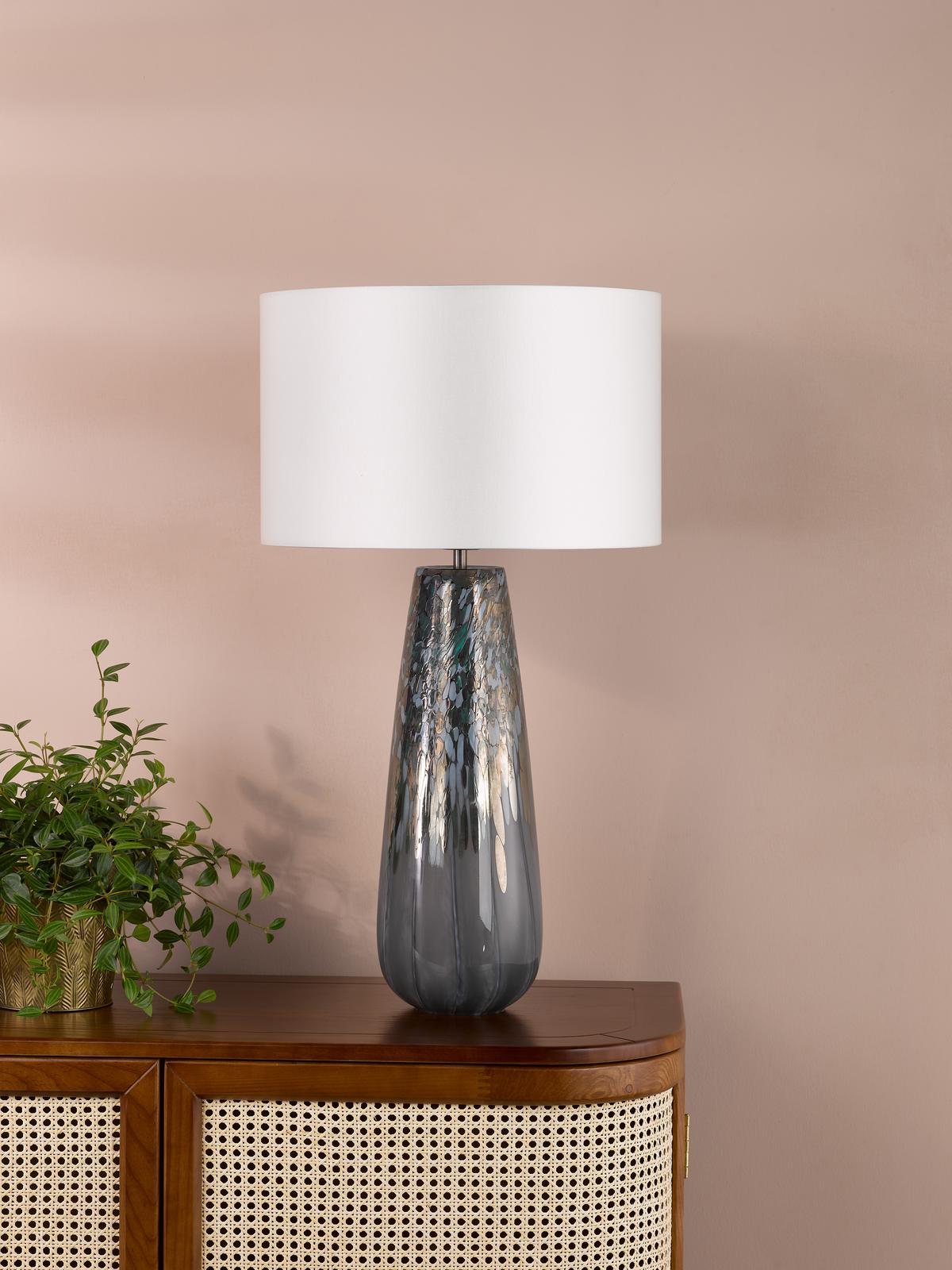 Dar Erdis Table Lamp Blue Art Glass and Antique Bronze With Ivory Shade