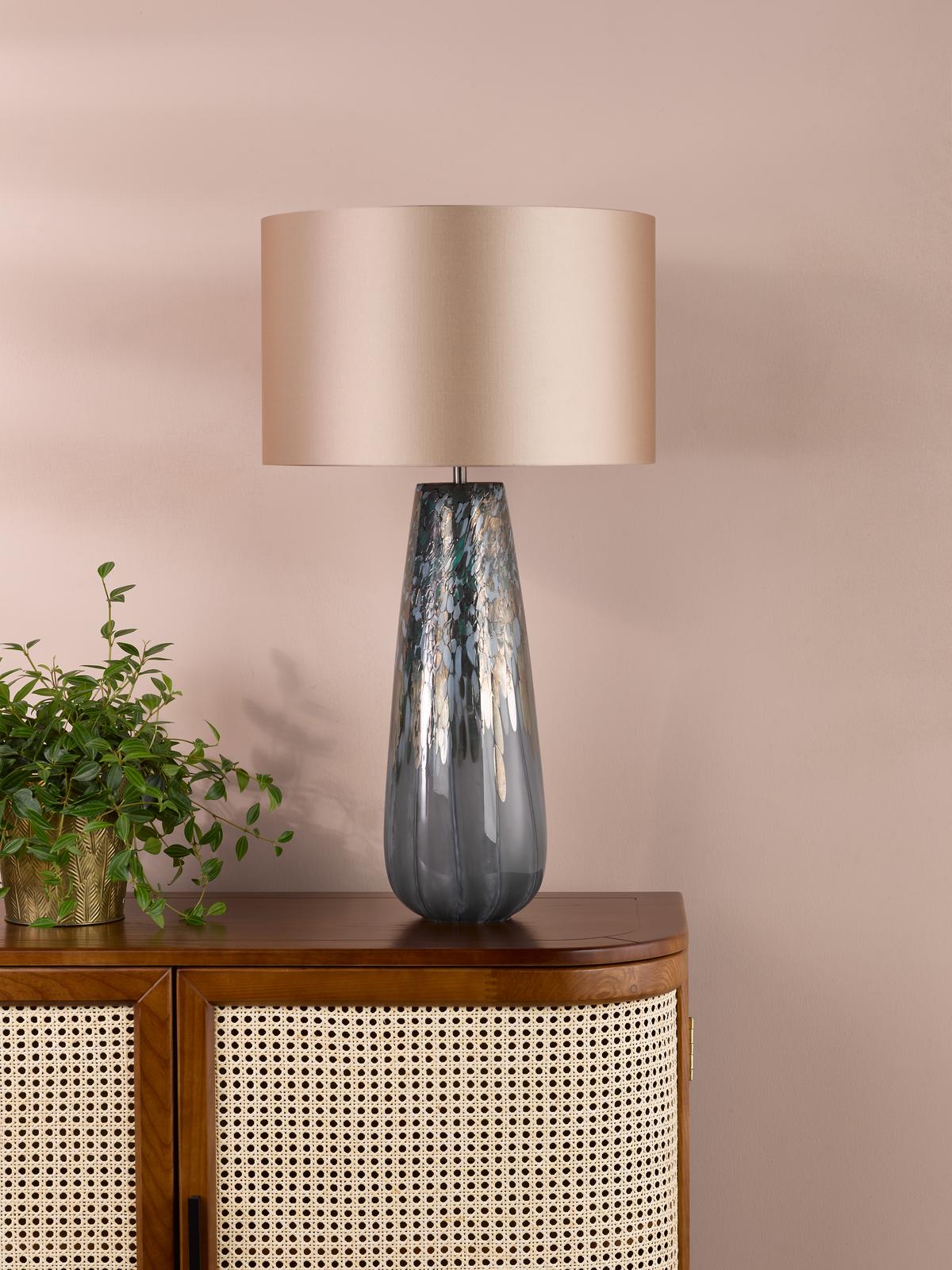 Dar Erdis Table Lamp Blue Art Glass and Antique Bronze With Taupe Shade