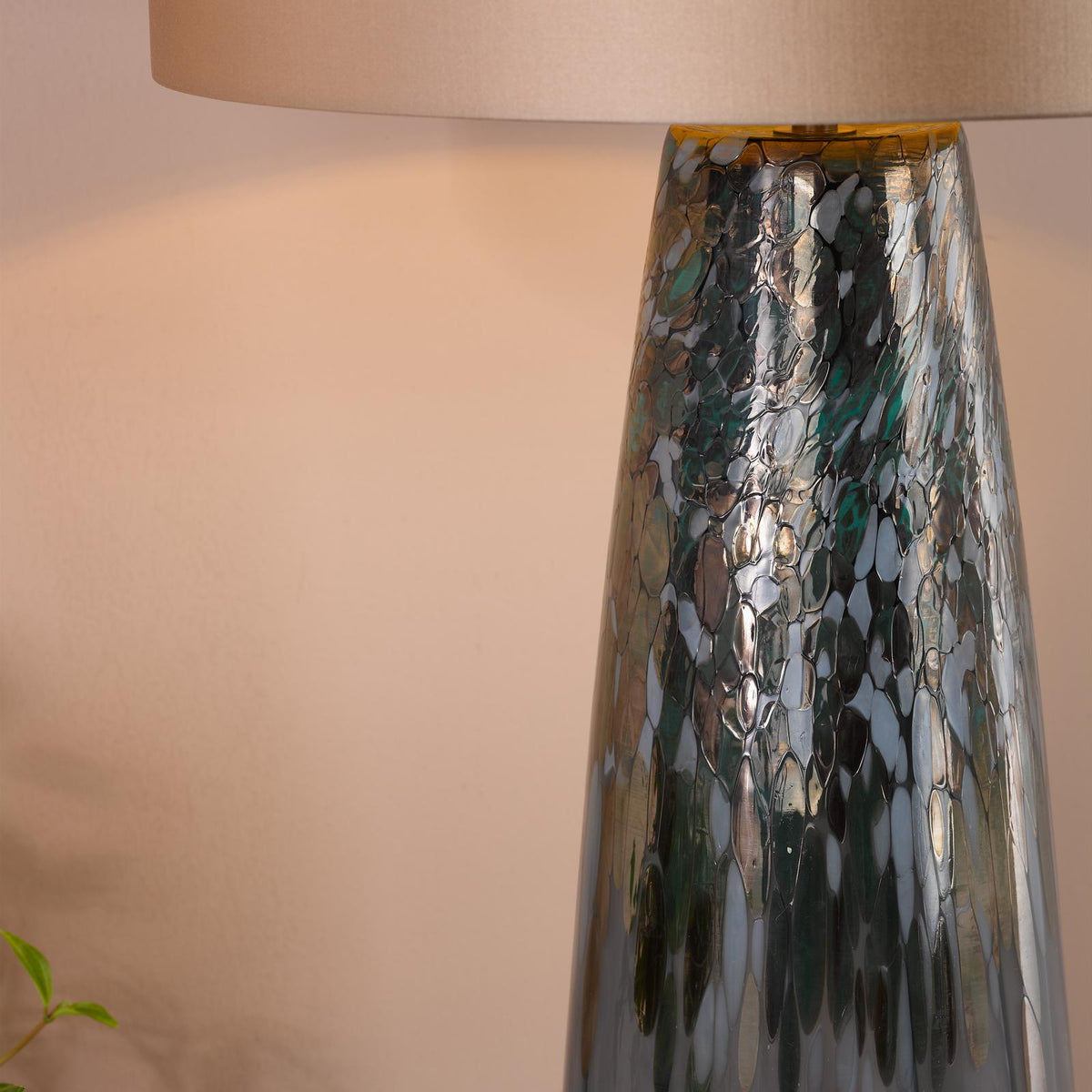 Dar Erdis Table Lamp Blue Art Glass and Antique Bronze With Taupe Shade