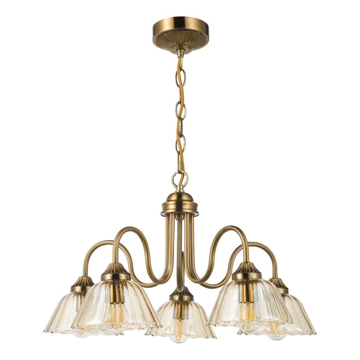 Dar Erika 5 Light Pendant Antique Bronze and Amber Glass
