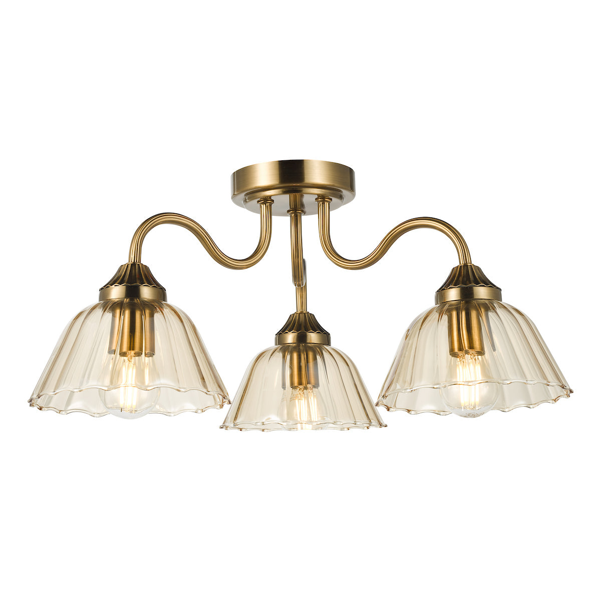 Dar Erika 3 Light Semi-Flush Antique Bronze and Amber Glass